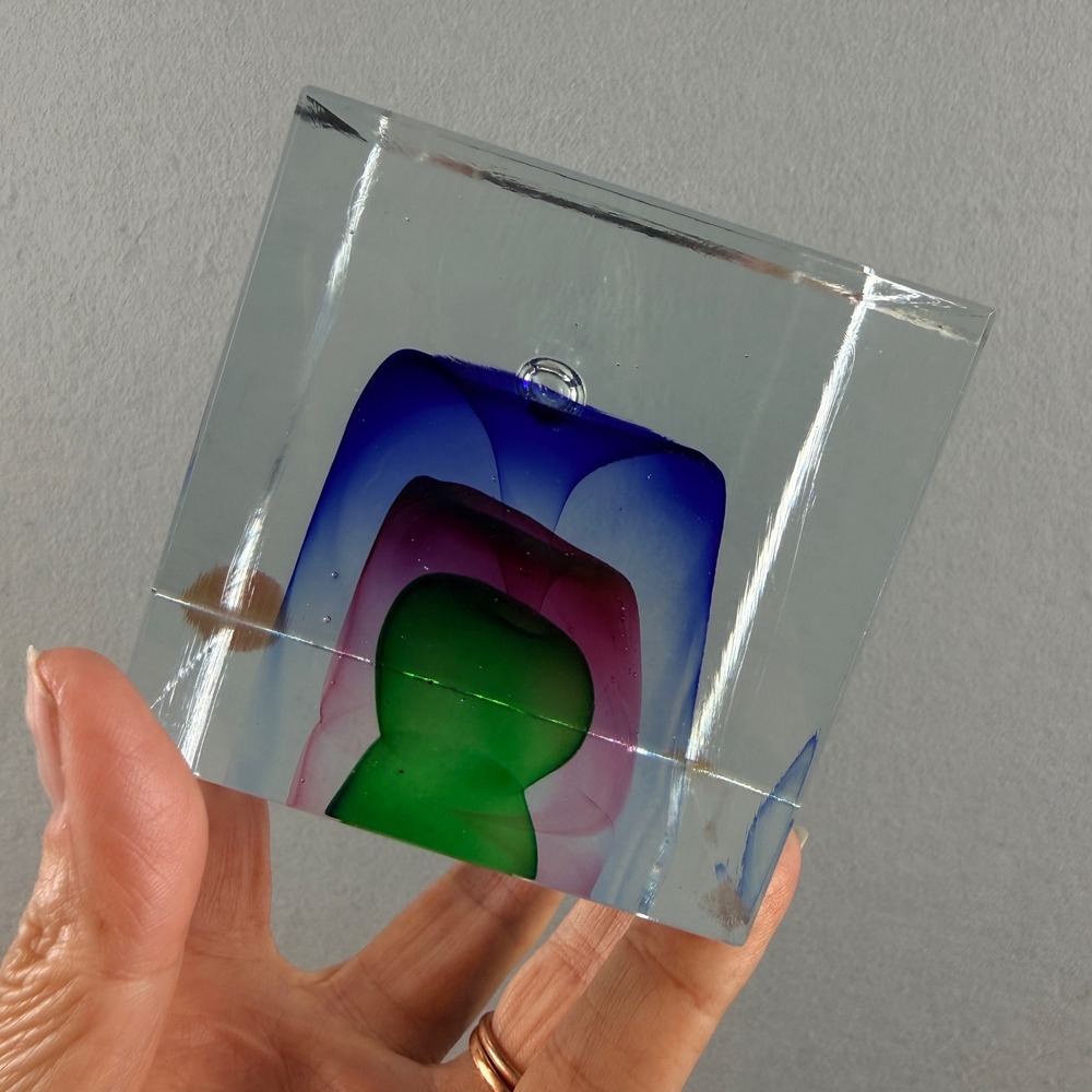 Vintage Sommerso Crystal Cube Paperweight Triple Layered 3" MCM